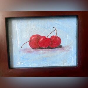 Original Impressionist Oil Painting of Cherries Framed Still Life Old World